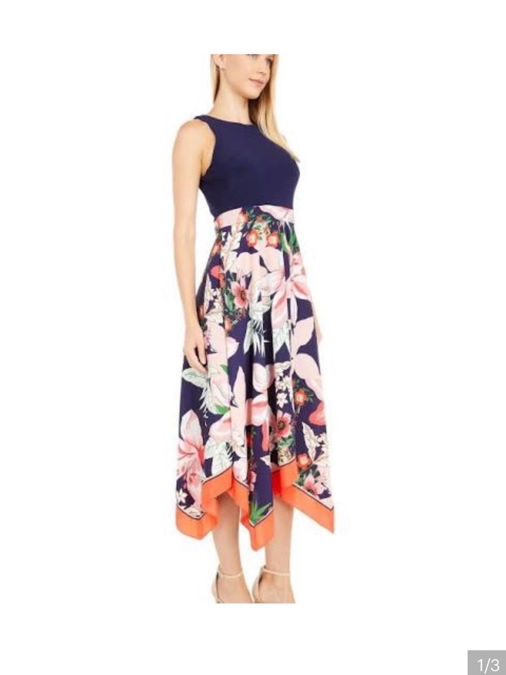 Vince Camuto Navy Floral High-Low Dress with Pink & Coral Trim